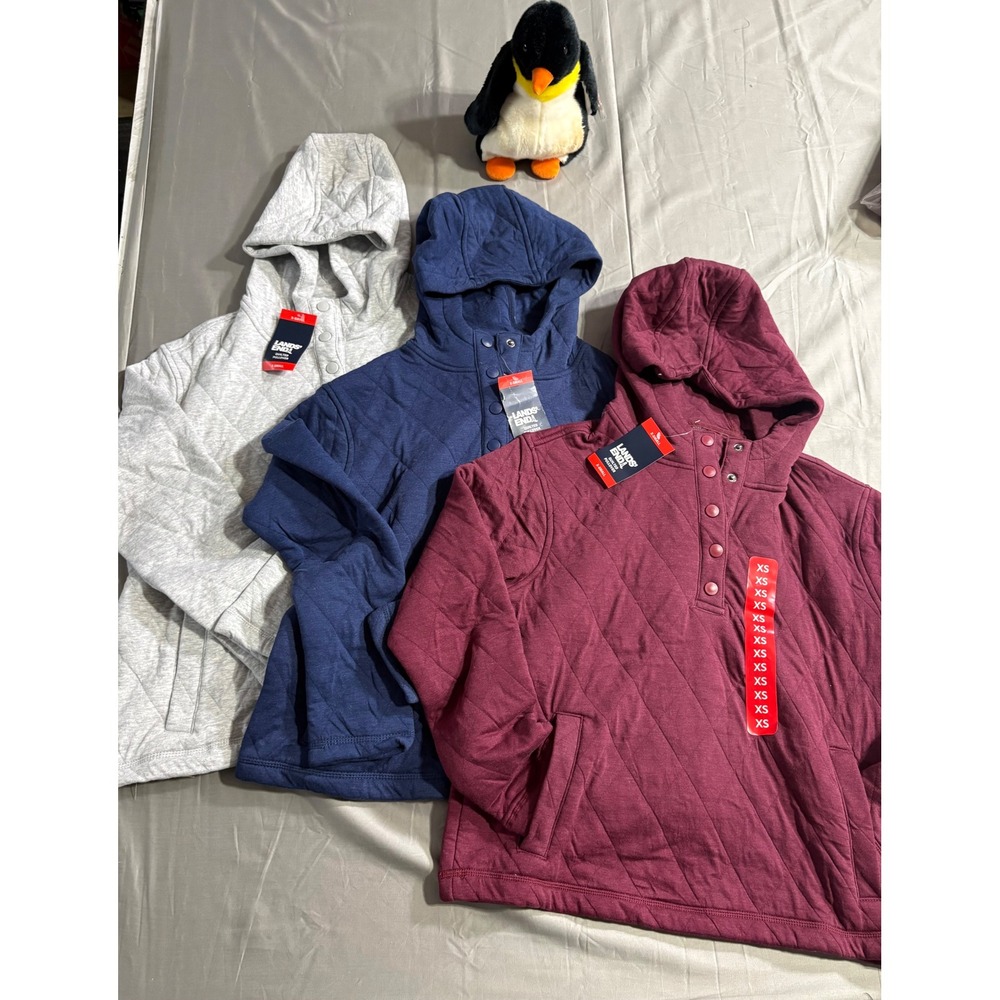 Lot of 3 Lands End Women XS Quilted Pullover Hoodie Snap Neck Gray Blue Burgundy